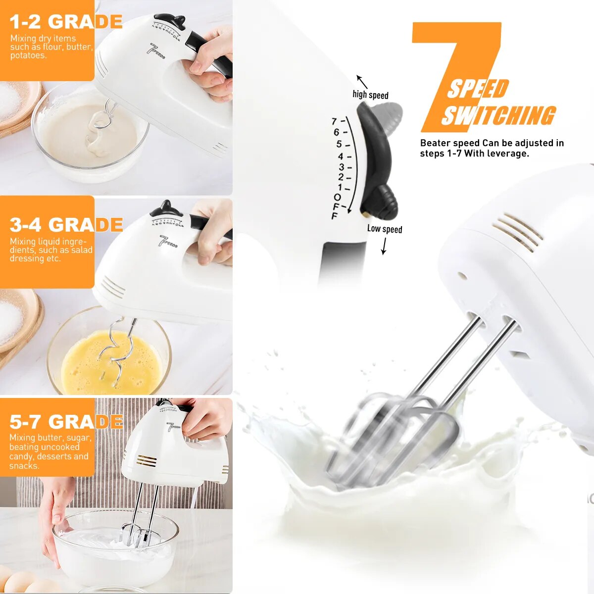 7-Speed Electric Hand Mixer, Includes Egg-Whisk, 2 Beaters & 2 Dough Hooks, Robust & Easy-Clean - The Culinary Cabinet