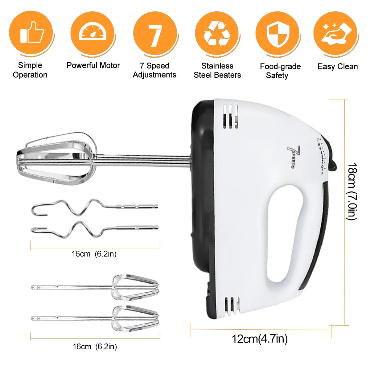 7-Speed Electric Hand Mixer, Includes Egg-Whisk, 2 Beaters & 2 Dough Hooks, Robust & Easy-Clean - The Culinary Cabinet