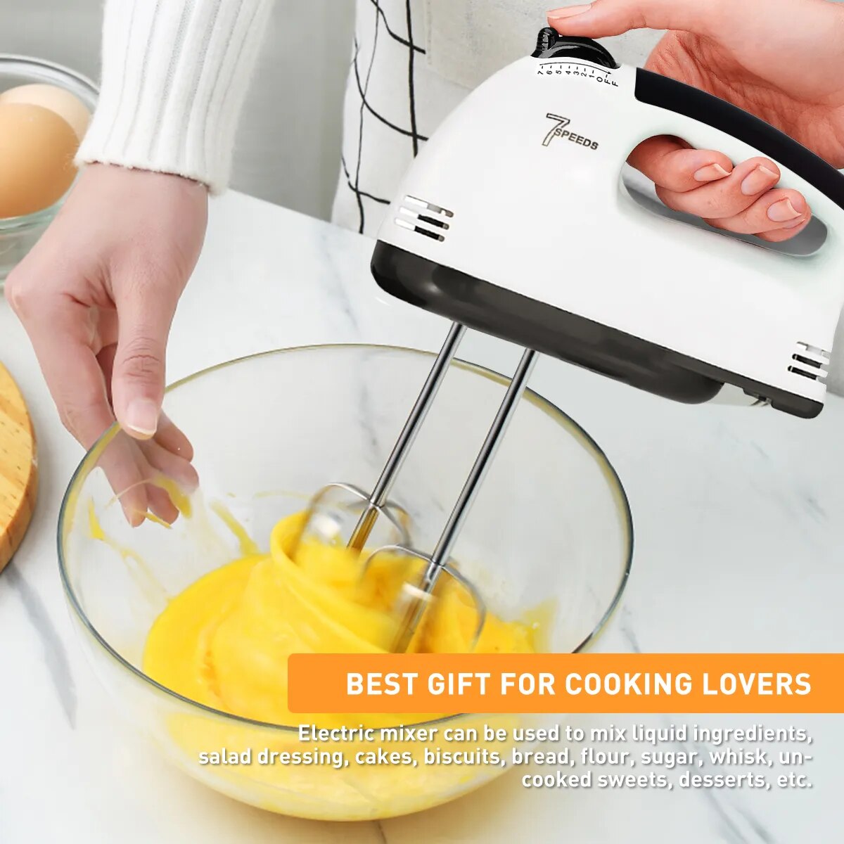 7-Speed Electric Hand Mixer, Includes Egg-Whisk, 2 Beaters & 2 Dough Hooks, Robust & Easy-Clean - The Culinary Cabinet