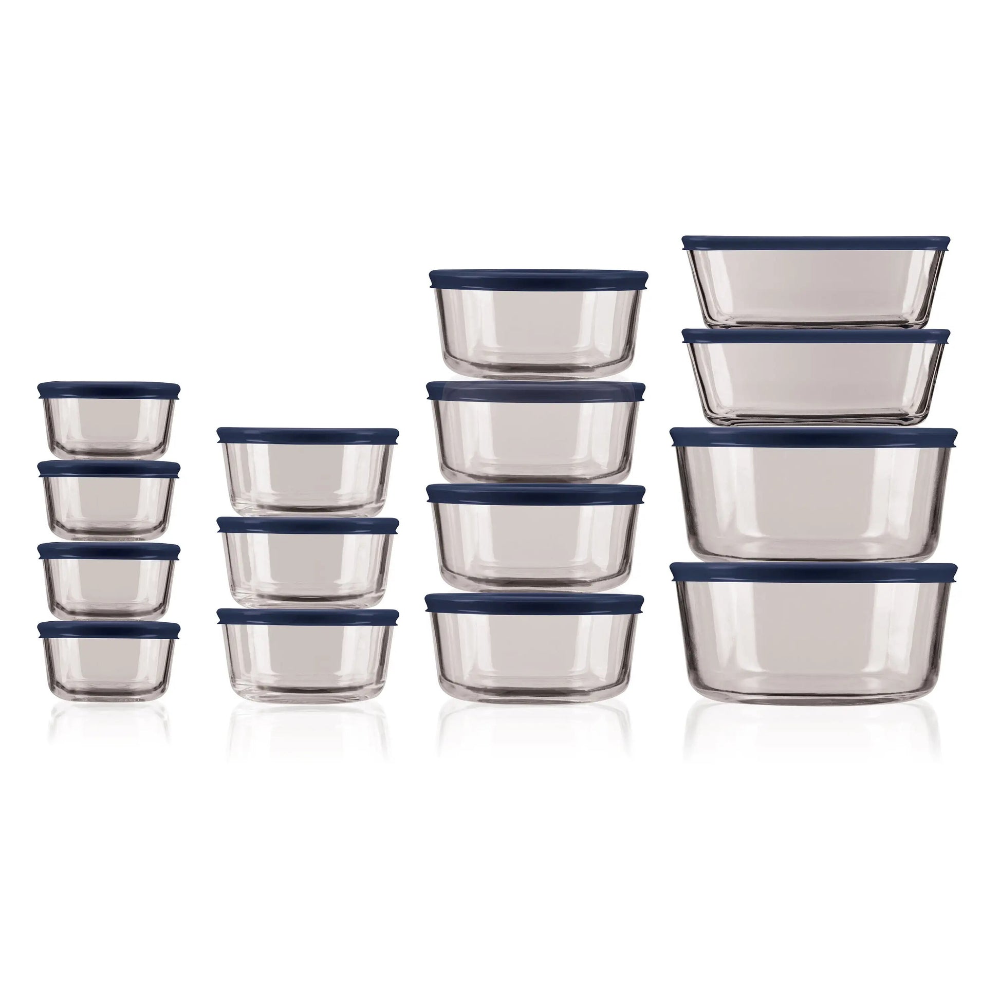 Anchor Hocking Clear Glass Storage 30 Piece Set with Navy Lids - The Culinary Cabinet