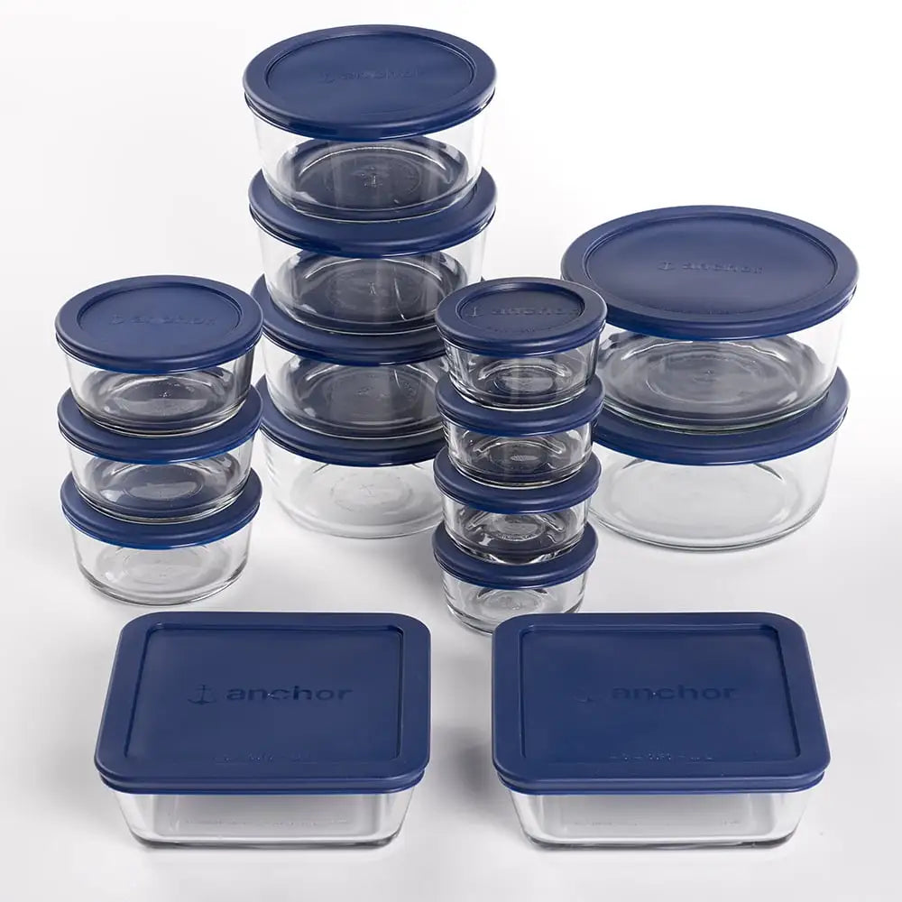 Anchor Hocking Clear Glass Storage 30 Piece Set with Navy Lids - The Culinary Cabinet