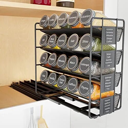 Heavy Duty Slide Out Spice Organizer with 20 Jars and Labels - The Culinary Cabinet