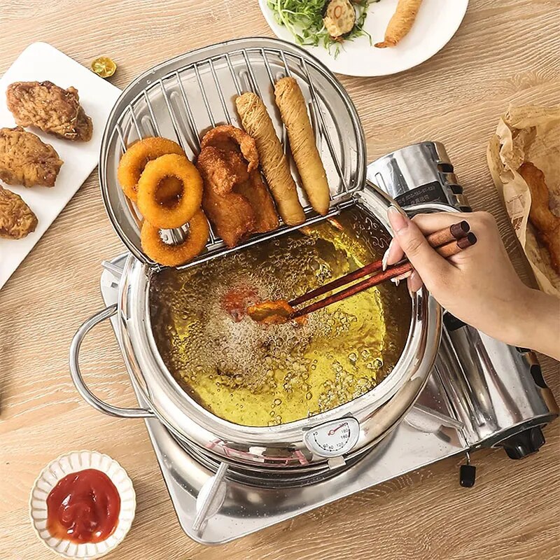 Stainless Steel Japanese Tempura Deep Fryer Pot With Thermometer Oil Drip Drainer Rack - The Culinary Cabinet