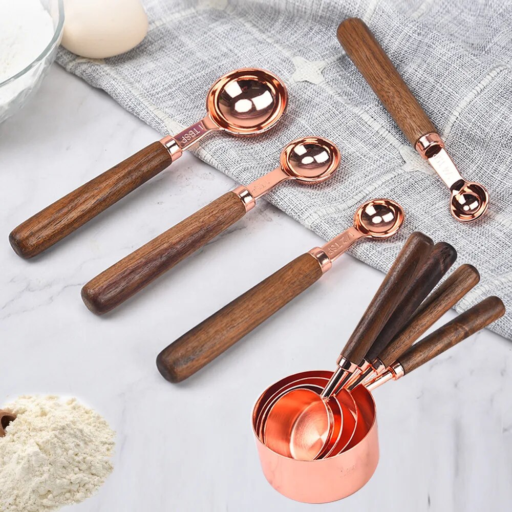 8-piece Stainless Steel Measuring Cup/Spoon Set with Wooden Handles - The Culinary Cabinet