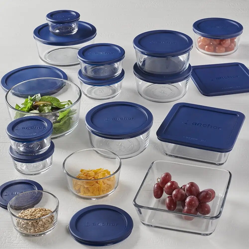 Anchor Hocking Clear Glass Storage 30 Piece Set with Navy Lids - The Culinary Cabinet