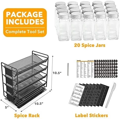 Heavy Duty Slide Out Spice Organizer with 20 Jars and Labels - The Culinary Cabinet