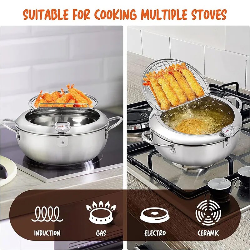 Stainless Steel Japanese Tempura Deep Fryer Pot With Thermometer Oil Drip Drainer Rack - The Culinary Cabinet