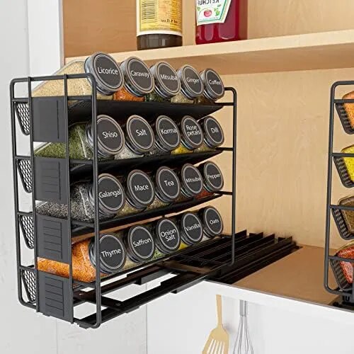 Heavy Duty Slide Out Spice Organizer with 20 Jars and Labels - The Culinary Cabinet