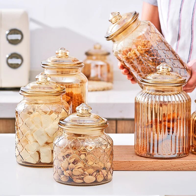 Creative Amber Plaid Striped Glass Jar - The Culinary Cabinet