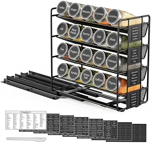 Heavy Duty Slide Out Spice Organizer with 20 Jars and Labels - The Culinary Cabinet