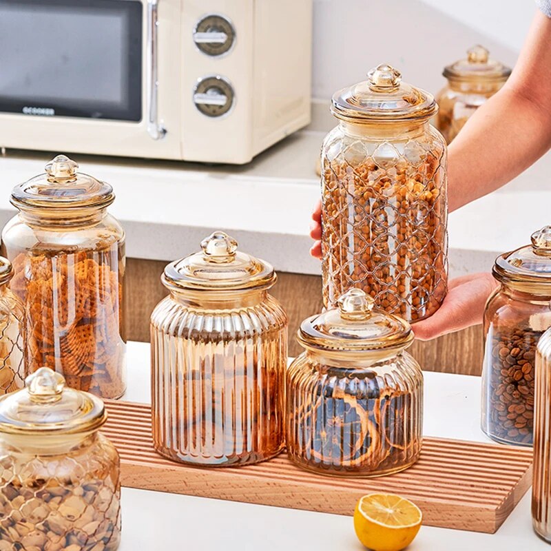 Creative Amber Plaid Striped Glass Jar - The Culinary Cabinet