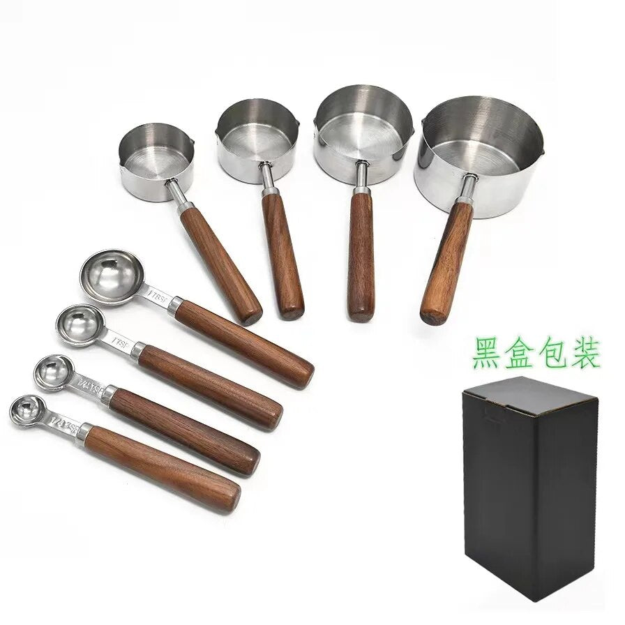 8-piece Stainless Steel Measuring Cup/Spoon Set with Wooden Handles - The Culinary Cabinet