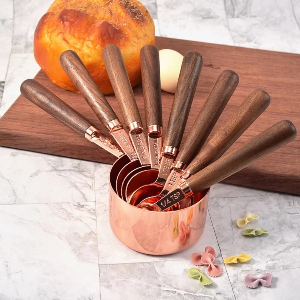 8-piece Stainless Steel Measuring Cup/Spoon Set with Wooden Handles - The Culinary Cabinet