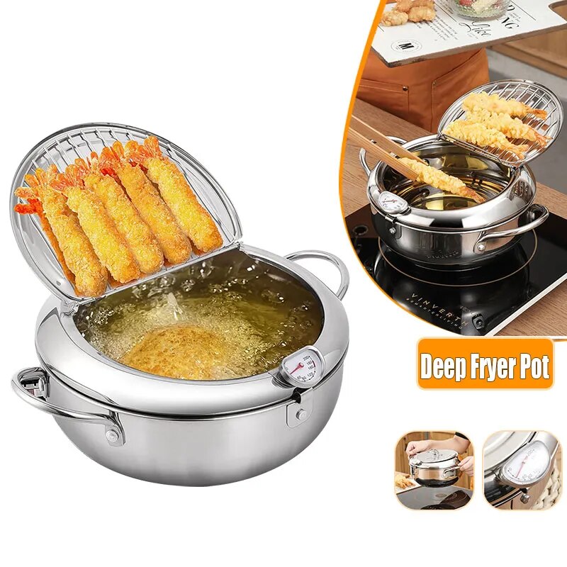 Stainless Steel Japanese Tempura Deep Fryer Pot With Thermometer Oil Drip Drainer Rack - The Culinary Cabinet