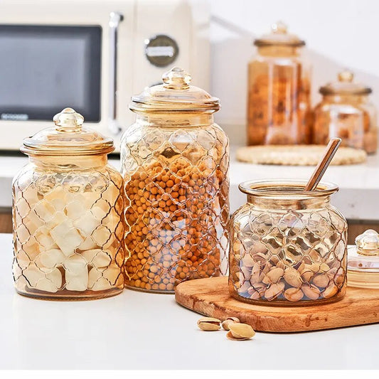 Creative Amber Plaid Striped Glass Jar - The Culinary Cabinet