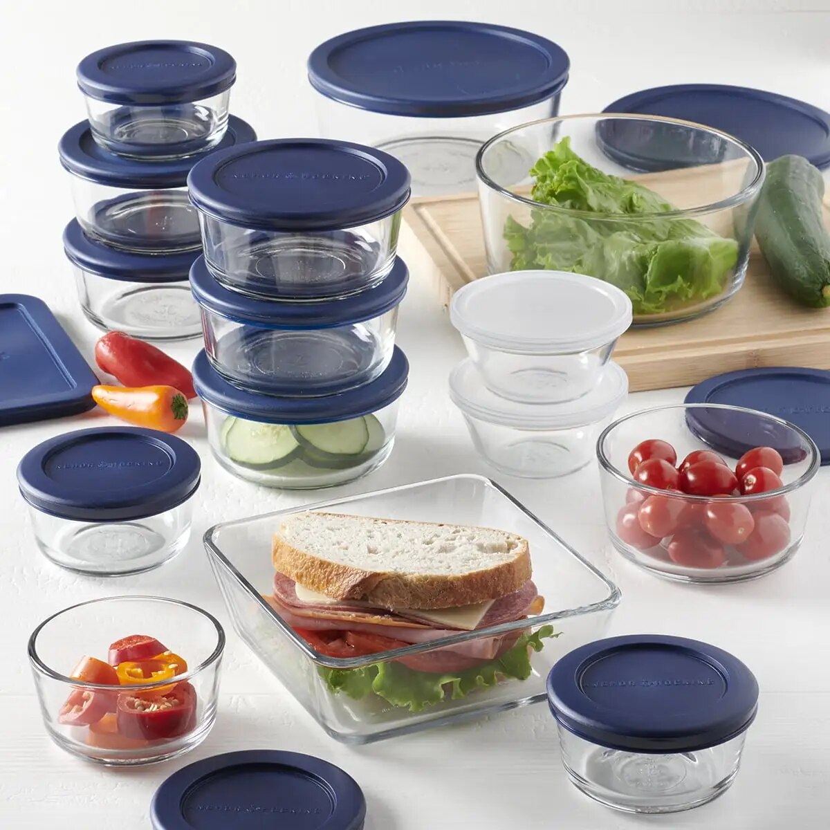 Anchor Hocking Clear Glass Storage 30 Piece Set with Navy Lids - The Culinary Cabinet